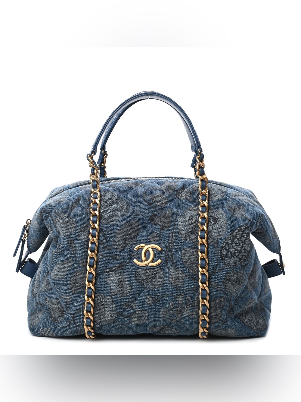 Chanel Denim Printed Destination Chenonceau Bowling Bag Blue Grey White